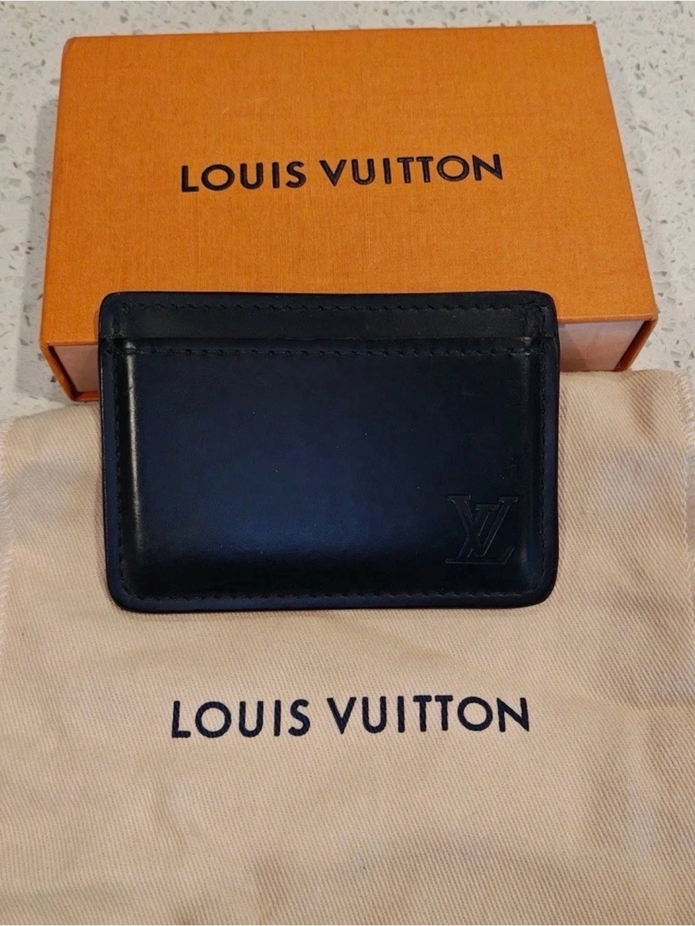 Louis Vuitton Black calf Leather Card Sleeve with Embossed LV limited edition